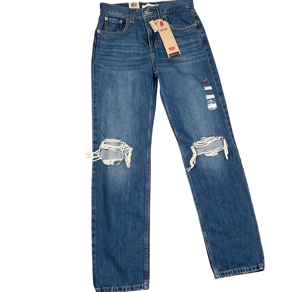 Levis Jeans Womens 25 Blue Distressed Low Pro Straight Mid Relaxed